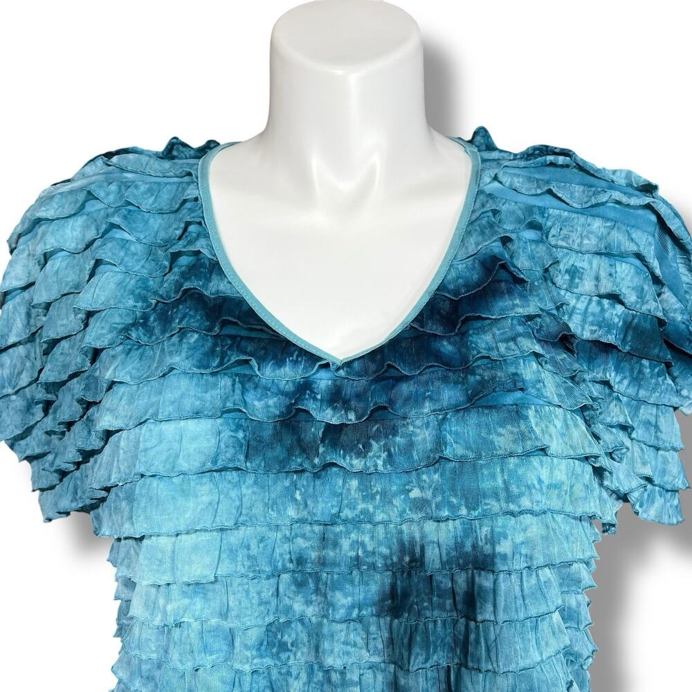 Notations Womens Blouse Top Shirt Ruffled Fringe V Neck Short Sleeve Blue 1X - Picture 2 of 9